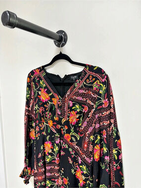 Fate Black Floral Boho Midi Dress Long Sleeve